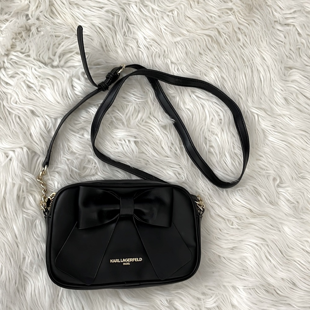 Karl Lagerfeld Black & Gold Bow Crossbody Camera Bag